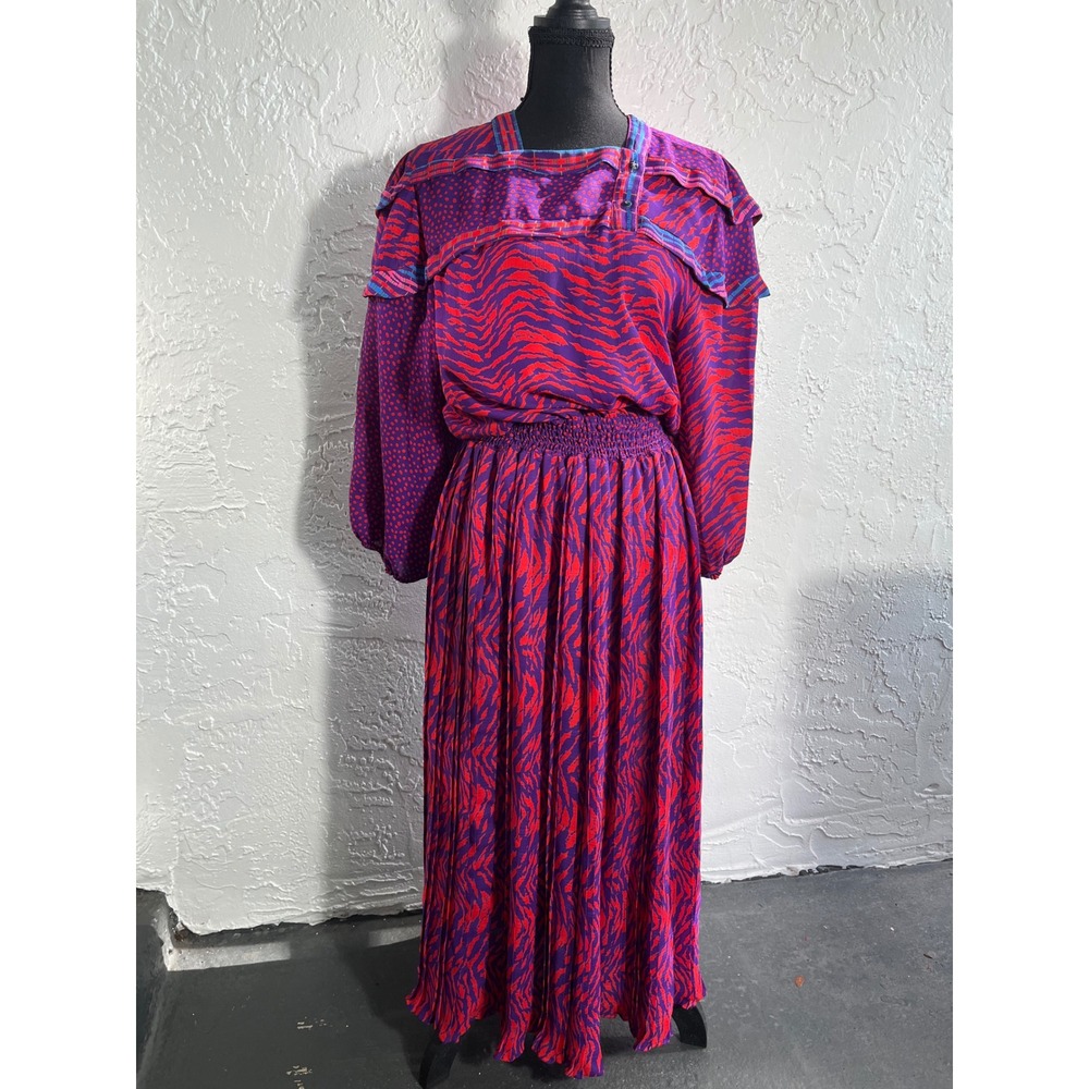 Vintage Diane Freis Purple Red Zebra Print Midi Dress Made in USA